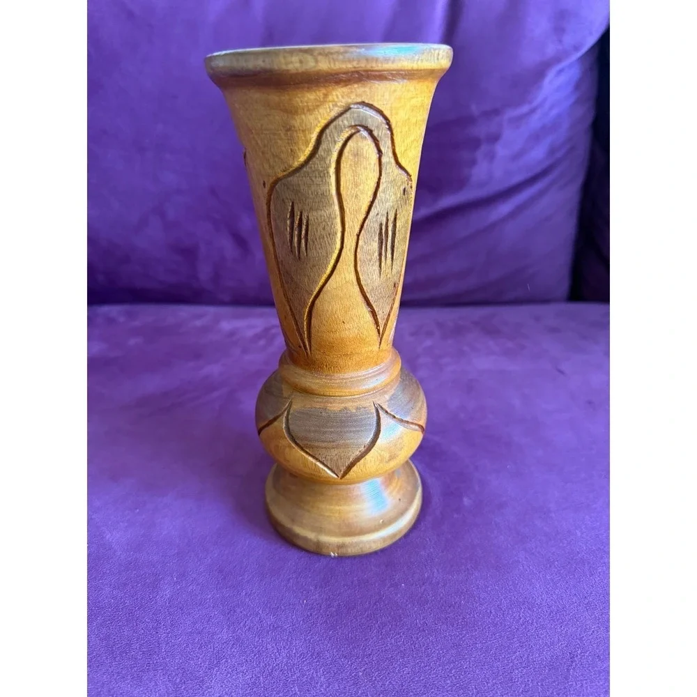 Hand Carved Vtg Wood Vase Flower Tiki Bar MCM Standing 8.5